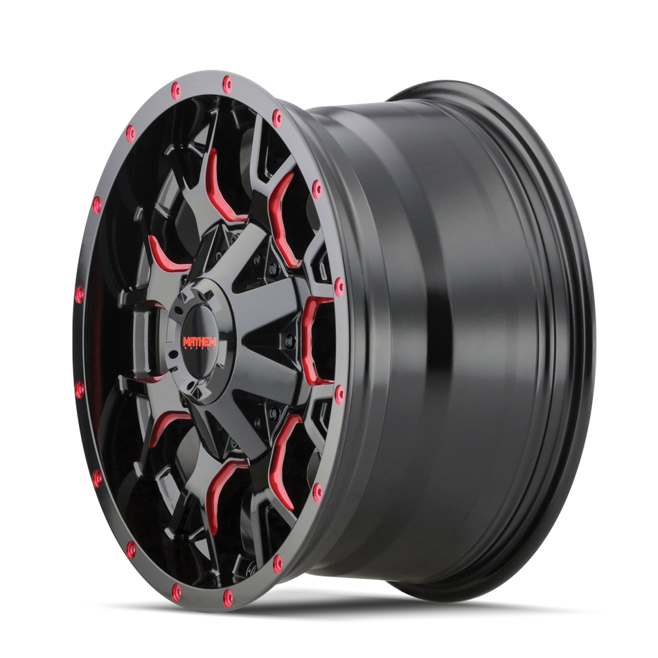 MAYHEM WARRIOR 8015 GLOSS BLACK MILLED PRISM RED 20X9 6-135/6-139.7 0MM 106MM
